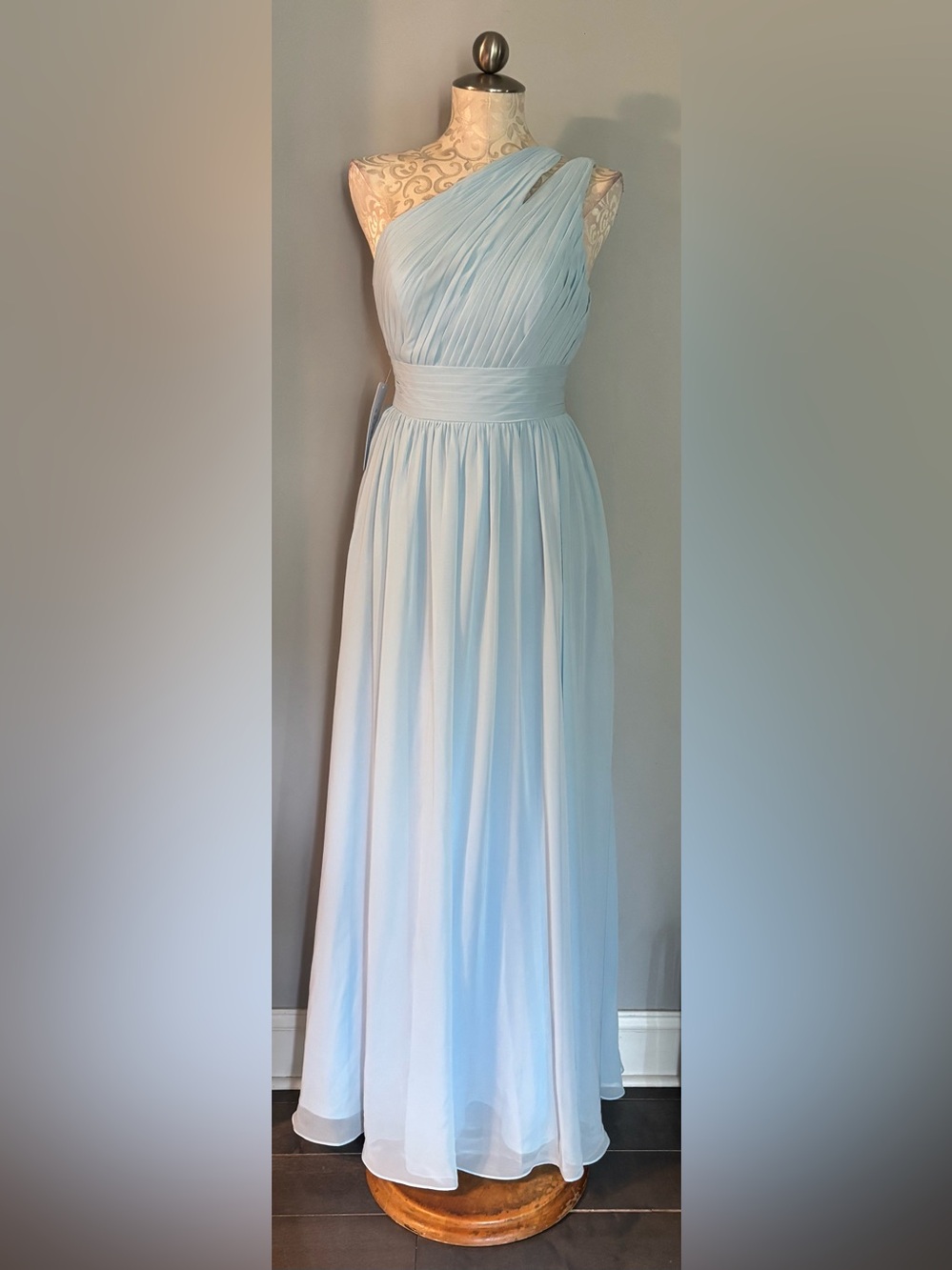 🆕 Azazie Light Blue Pleated Maxi Dress with Twisted Bodice Size A6